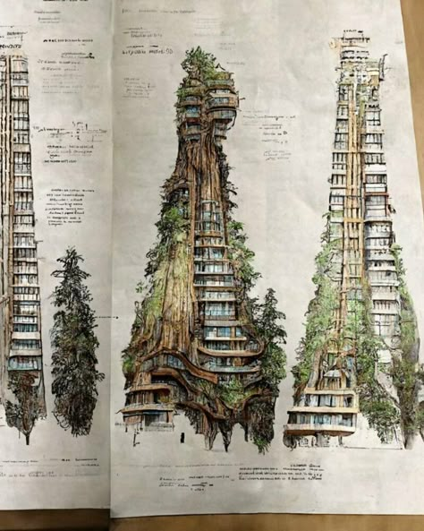 Symbiotic Architecture, Redwood Trees, Architecture Sketchbook, Architecture Design Sketch, Architecture Design Drawing, Architecture Concept Drawings, Arte Inspo, Architectural Drawings, Futuristic Architecture