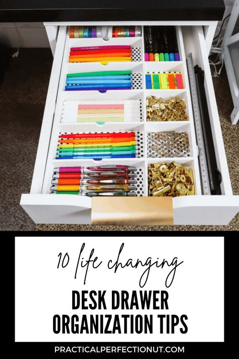 10 Life-Changing Desk Drawer Organization Tips - Practical Perfection Office Desk Drawer Organization, Desk Drawer Organization Ideas, Ikea Desk Drawers, Desk Drawer Organization, Desk Drawer Organisation, Office Supplies Organization, Small Drawer Organizer, Desk Organization Tips, Office Drawer Organization