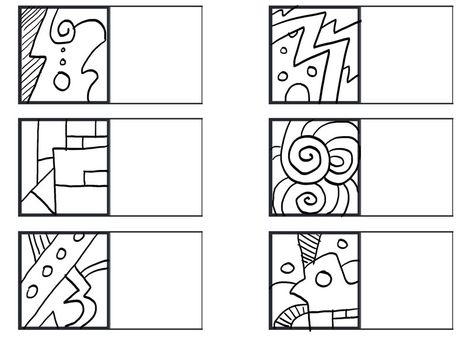 In the first square, make an “original doodle”. Then “match” from the other four squares that follow. One of the four squares has a drawing that is very similar to the original, while the other three have a doodle that is slightly different. Not only should you find the “match”, but also notice how the other doodles are different. Remember, representation is 50% observation. Echo Drawing Worksheet, Echo Drawing, Finish The Drawing, Improve Drawings, Grid Drawing, Classe D'art, Art Handouts, Draw Shapes, Art Worksheets