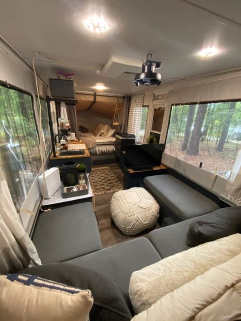 Rv Camper Remodel Diy Ideas, Pop Up Camper Exterior Remodel, Modern Pop Up Camper, Cozy Pop Up Camper, Popup Camper Renovation, Tent Living Full Time, Pop Up Camper Aesthetic, Pop Up Camper Remodel Before And After, Pop Up Tent Trailer Remodel