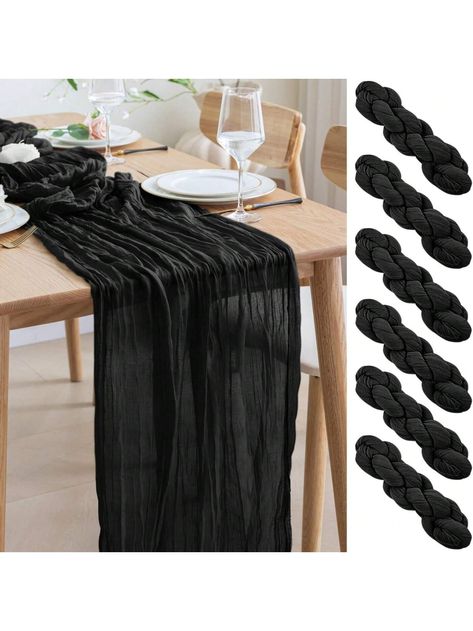 6pcs Black Cheesecloth Table Runners, Boho Sheer Chiffon Table Flags, Suitable For Baby Shower, Wedding, Bride's Party, Birthday Celebration, Table Decor Black 6pc    Polyester     Kitchen & Dining, size features are:Bust: ,Length: ,Sleeve Length: Masculine Party Centerpieces, All Black Affair Party Ideas, Table Runner Round Table, White Wedding Table Decor, Transparent Table, Black Wedding Decorations, Gauze Table Runner, Clear Chairs, Birthday Party Table Decorations