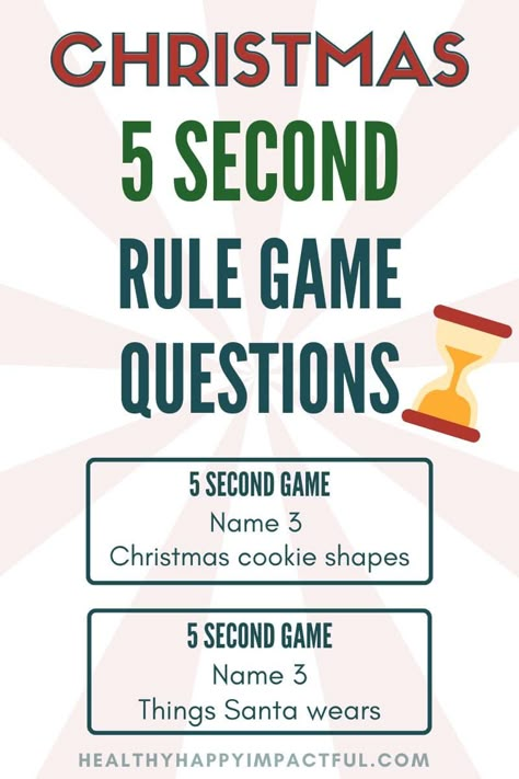 5 second game rule questions for holidays, Xmas, Christmas Day and Eve, party pin Five Second Rule Game Questions, What’s In The Christmas Stocking Game, 5 Second Game Christmas, Christmas Eve Game Ideas, Christmas Fill In The Blank Game, 5 Second Christmas Game, 5 Second Game Questions, Christmas 5 Second Game, Christmas Think Fast Game