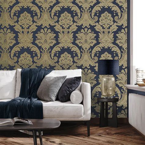 Belgravia Decor Amara Damask Navy Blue/Gold Metallic Wallpaper - 7392 Gold Damask Wallpaper, Gold Metallic Wallpaper, Albany Wallpaper, Wallpaper Stores, Victorian Wall, Go Wallpaper, Diy Wallpaper, Metallic Wallpaper, Damask Wallpaper