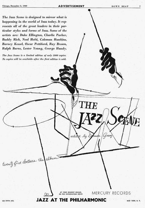 The Jazz Scene. Down Beat Ad (December 2,1949) Illustration: David Stone Martin. Jazz Invitation Design, Jazz Album Art, David Stone Martin, Jazz Age Aesthetic, Jazz Graphic Design, Jazz Magazine, Jazz Illustration, Stone Illustration, Jazz Quotes