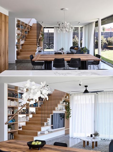 Modern House Names, Room With Stairs, Staircase In Living Room, Charred Wood Siding, Room Under Stairs, تحت الدرج, Open Stairs, Stairs In Living Room, Basement Living