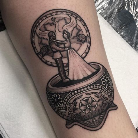 Music Box Tattoo, Anastasia Music Box, Ornate Tattoo, Box Tattoo, Disney Sleeve Tattoos, Music Note Tattoo, Music Tattoo Designs, Note Tattoo, Tattoos For Lovers