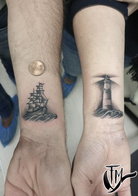 Pair Tattoos, Ankle Tattoo Designs, Pirate Tattoo, Lighthouse Tattoo, Couple Tattoos Unique, Couples Tattoo Designs, Inspiration Tattoos, Matching Couple Tattoos, Ship Tattoo