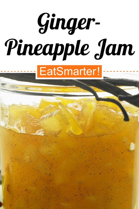 Smarte Hausmannskost: Ginger-Pineapple Jam - simple dish - A recipe idea by EAT SMARTER | Pressure cooking, Spices, Tropical Fruit #marmalade #recipes Ginger Marmalade Recipe, Pineapple Jam Recipe, Glazed Fruit, Watermelon Jam, Ginger Pineapple, Jelly Bread, Pineapple Jelly, Cooking Spices, Diy Jelly