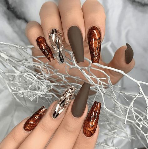 31 Fall Nail Ideas > CherryCherryBeauty.com | Source: fiina_naillounge / Instagram [#Fall #FallNailInspiration #NailIdeasForFall] Coffin Nail Ideas | Rust Nails | Matte Nails Rust Nails Design, Rust Nails, Coffin Nails Inspiration, Fall Nails Design, Ombre French Nails, Marble Acrylic Nails, Acrylic Nail Designs Coffin, Acrylic Coffin Nails, Nails Acrylic Coffin