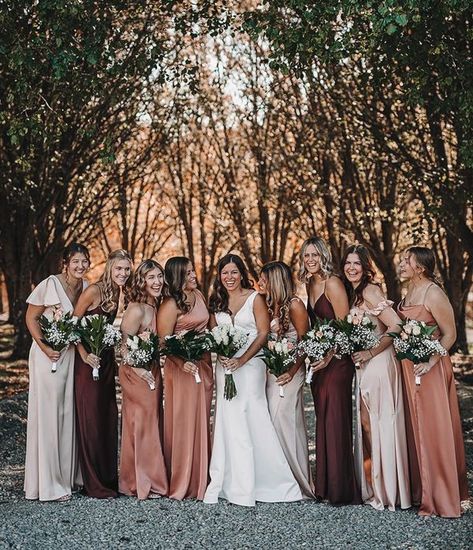 Tan Bridesmaid Dresses, Bridesmaid Dresses Satin, Fall Bridesmaids, Unique Wedding Dresses, Fall Bridesmaid Dresses, Bridal Party Outfit, Rose Bridesmaid Dresses, Azazie Dresses, 2025 Wedding