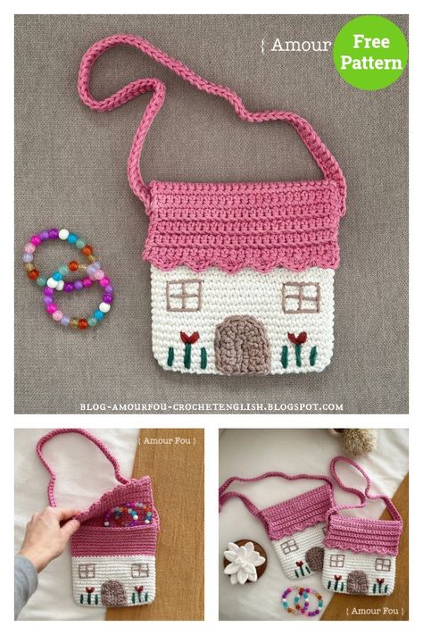 Cottage Bag Free Crochet Pattern Crochet Kids Purse, Backpack Crochet, Bag Free Crochet Pattern, Purse Patterns Free, Pouch Crochet, Toddler Purse, Kids Tote Bag, Crochet Purse Pattern Free, Bags Crochet