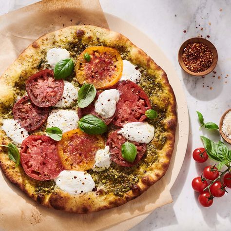 Check out Burrata and Heirloom Tomato Pizza with Basil Pesto recipe and more from Sur La Table! Sur La Table Recipes, Pizza With Basil, Burrata Pizza, Tomato Pizza, Basil Pesto Recipes, Grilled Scallops, Pesto Pizza, Heirloom Tomato, Pesto Recipe