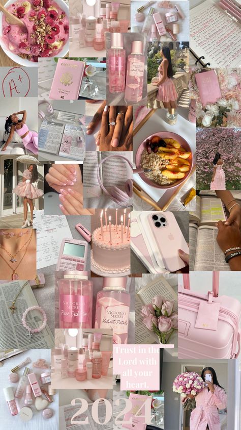 pink aesthetic vision board 2024 #pink #aesthetic #visionboard Pastel Vision Board, Pink Vision Board Wallpaper, Vs Pink Aesthetic, Pink Aesthetic Board, Rich Girl Aesthetic Wallpaper, Pink Vision Board Aesthetic, Wishlist Manifestation, Pink Aesthetic Vision Board, Pink Collages Aesthetic