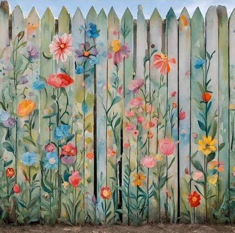 Fence Painting Ideas, Barn Mural, Painted Gates, Fence Murals, Painted Fences, Flower Murals, Painted Garden Sheds, Painted Screen Doors, Potting Room