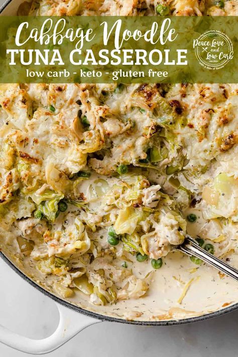 This Keto Tuna Casserole has all of the classic flavors of a traditional tuna noodle casserole recipe, while being low carb and gluten free. Rich and flavorful cream sauce, with onion, garlic, peas, celery, herbaceous dill, and bright, fresh lemon, paired with shredded cabbage and albacore tuna, then topped with cheese and baked until it is golden brown and bubbly. It's the perfect quick and easy weeknight meal. | Peace Love and Low Carb Keto Tuna Casserole, Albacore Tuna Recipes, Tuna Noodle Casserole Easy, Baked Tuna, Easy Mushroom Soup, Tuna Noodle Casserole Recipe, Keto Tuna, Peace Love And Low Carb, Tuna Casserole Recipes