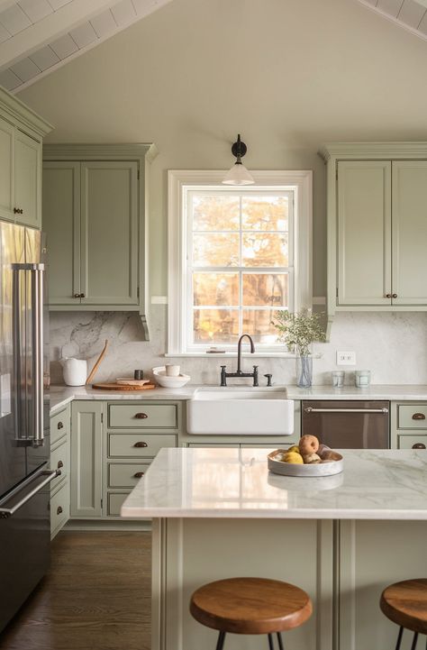 Green Kitchen Cabinets: 21+ Ideas We're Envious Of in 2025 Sage Green Marble Kitchen, Pistachio Cabinets Kitchen, Dusty Green Kitchen, Light Blue Cupboards, Kitchen With Sage Green Cabinets, Backsplash Kitchen Green Cabinets, Green Sage Kitchen, Light Sage Kitchen Cabinets, Small Kitchen Cabinet Colors