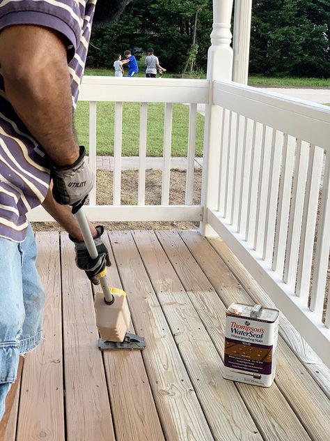 Wood Floor Front Porch, Front Porch Stain Ideas, Thompsons Water Seal Deck, Thompson Water Seal Stain Colors, Back Porch Paint Ideas, Front Porch Stain Colors, Porch Stain Colors Wood, Stained Front Porch, Porch Stain