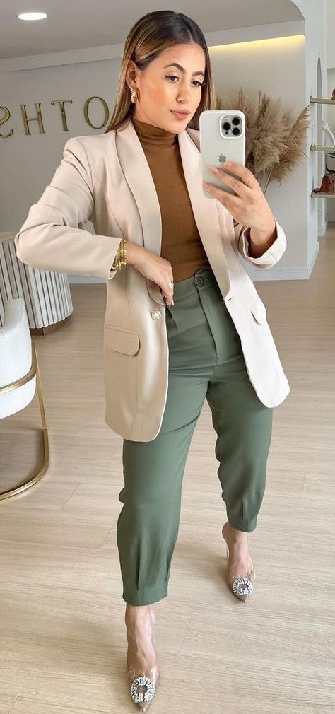 Pants And Blazer Outfit Classy, Olive Pants Work Outfit, Olive Green Work Pants Outfit, Olive Green Pants Outfit Work Business Casual, Green Office Outfits Women, Khaki Work Pants Outfit Women, Olive Green Slacks Outfit Women, Jeans Outfit Work Business Casual, Green Work Pants Outfit