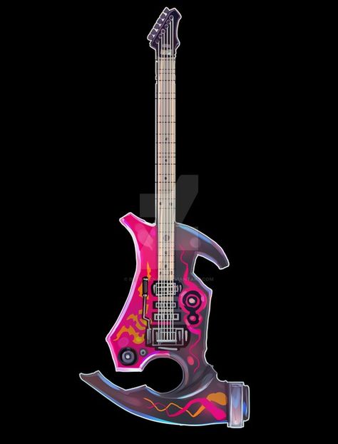 Magic Guitar Concept Art, Sci Fi Instruments, Weaponized Guitar Art, Weaponized Guitar, Guitar Concept Art, Cyberpunk Guitar, Fantasy Guitar, Rwby Oc, D D Items