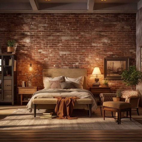 How Bedroom Wall Interior Design Can Change Your Space • 333+ Images • [ArtFacade] Bed Against Brick Wall, Bedroom Wall Interior Design, Brick Accent Wall Bedroom, Brick Wall Bedroom Ideas, Peaceful Room, Brick Wall Bedroom, Luxury Room Design, Brick Bedroom, Brick Accent Wall