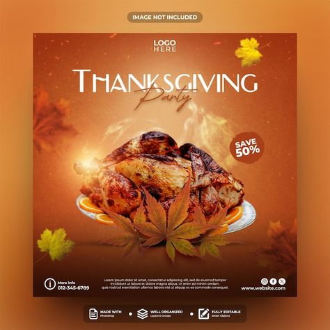 PSD thanksgiving party social media post... | Premium Psd #Freepik #psd Thanksgiving Social Media Post, Thanksgiving Graphic Design, Thanksgiving Social Media, Party Social Media Post, Thanksgiving Ads, Thanksgiving Post, Post Template Design, Social Media Post Template, Thanksgiving Party