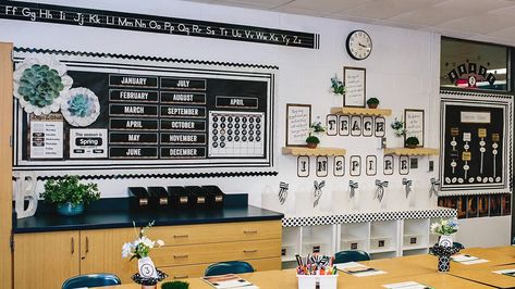 Homeschool Layout, Industrial Chic Classroom, Chic Classroom Decor, Black And White Classroom, Scandi Garden, Farm Classroom, White Classroom, Reading Cafe, Calendar Bulletin Boards