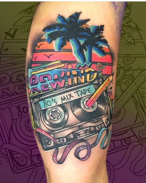 Retro Music Tattoo Ideas, 80s Tattoos Ideas, 90s Music Tattoo, Synthwave Tattoo Ideas, 80s Themed Tattoos, 1980s Tattoo Ideas, 80s Inspired Tattoos, 80s Tattoo Ideas, Gta Tattoo