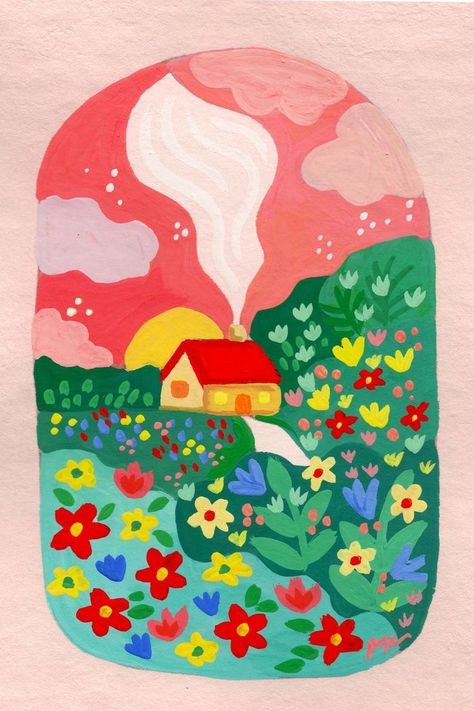 Drawing Colorful Aesthetic, Simple Colorful Painting Ideas, Guache Illustration Cute, Simple Cottagecore Painting, Colorful Aesthetic Drawings, Aesthetic Drawings Colorful, Wall Painting Art Drawings, Painting Ideas On Canvas Cottagecore, Colorful Posters For Room