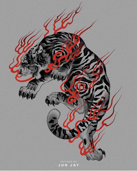 Japanese Tiger Back Tattoo Men, Tiger With Flames Tattoo, Traditional Men Tattoo Ideas, Lion Tattoo Japanese, Tiger Flames Tattoo, Traditional Japanese Tiger Tattoo Design, Tiger Red Tattoo, Japanese Tattoo Thigh, Fire Tiger Tattoo