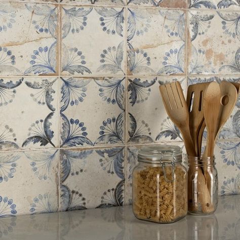 Merola Tile Artisan Oldker 13" x 13" Ceramic Floor and Wall Tile - On Sale - Bed Bath & Beyond - 14387398 Aged Tile Backsplash, Affinity Tile, French Country Ideas, Countryside Kitchen, Industrial Tile, Classic Bar Stools, European Tiles, Patterned Wall, Vintage Industrial Design