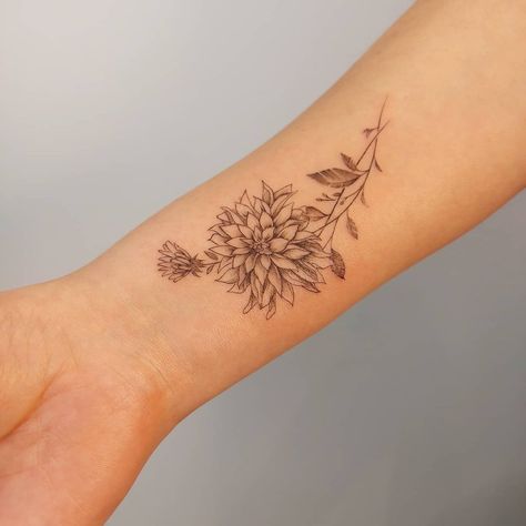 Dahlias Tattoo Design, Tattoo Ideas Dahlia, Dainty Dahlia Tattoo, Mexican Dahlia Tattoo, Dahlia Bouquet Tattoo, Dahlia Mandala Tattoo, Dahlia Fine Line Tattoo, Fine Line Dahlia Tattoo, Small Dahlia Flower Tattoo