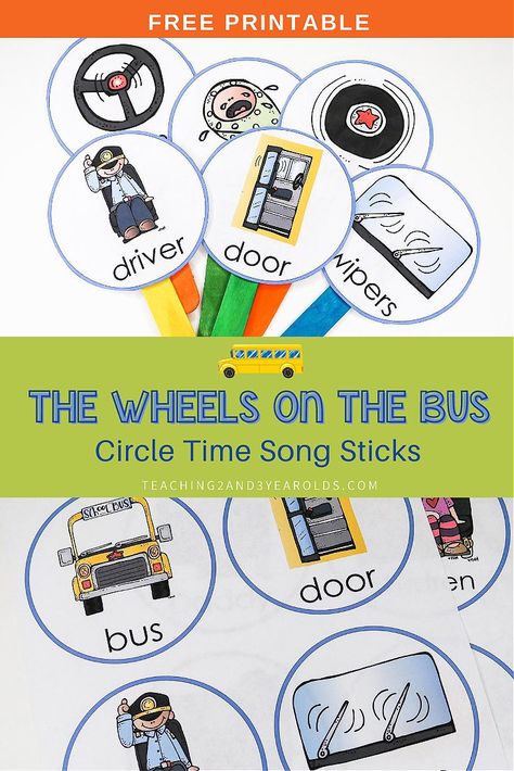 Download these free The Wheels on the Bus printable song sticks to use during your circle time! #circletime #music #fingerplays #songs #thewheelsonthebus #toddlers #preschool #teachers #homeschool #printable #teaching2and3yearolds The Wheel On The Bus Activities, Wheels On The Bus Printable Free, Wheels On The Bus Song Printable, Circle Time With Two Year Olds, Transportation Music And Movement, Transportation Circle Time Activities, Songs For Toddlers Circle Time, Wheels On The Bus Activities Toddlers, The Wheels On The Bus Activities