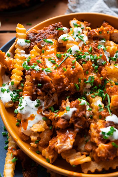 Buffalo Chicken Fries with Creamy Ranch - thecommunalfeast.com Chicken Ranch Fries, Buffalo Chicken Loaded Fries, Bbq Chicken Fries, Loaded Buffalo Chicken Fries, Loaded Chicken Fries, Buffalo Ranch Fries, Buffalo Chicken Fries Recipes, Fried Chicken Bites, Chicken And Fries