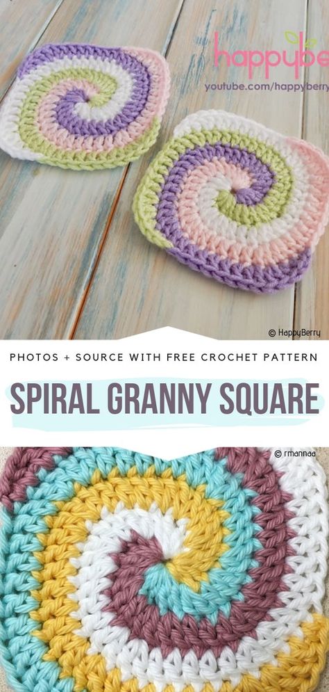 Floral Spring Coasters Free Crochet Patterns - Free Crochet Patterns Crochet Spiral Granny Square Pattern, Creative Granny Square Patterns, Spiral Square Crochet, Crochet Spiral Granny Square, Fun Granny Square Crochet Pattern, Free Crochet Patterns Coasters, Creative Granny Square, Granny Square Free Crochet Pattern, Crochet Granny Flower