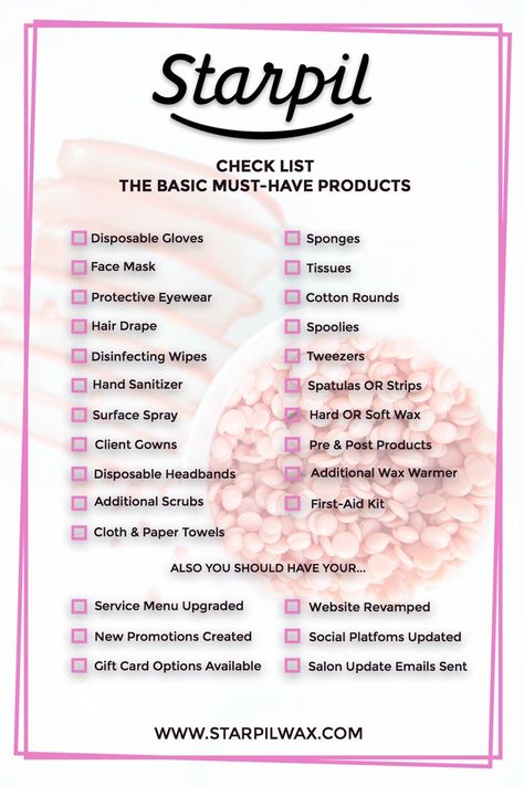 Waxing Business Checklist, Esthetician Retail Ideas, Esthetician Room Checklist, At Home Wax Studio, Esthetician Supply Checklist, Esthetician Supply List, Small Wax Room Ideas, Esthetician Checklist, Esthetician Building