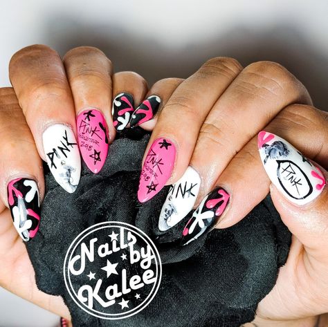 P!no pink concert rock music artist nail art Kane Brown Concert Nails, P!nk Nails Ideas, Pink Singer Inspired Nails, Pink Concert Nails Ideas, P!nk Concert Nails, Nails For Pink Concert, P!nk Inspired Nails, Pink Rockstar Nails, P!nk Nails