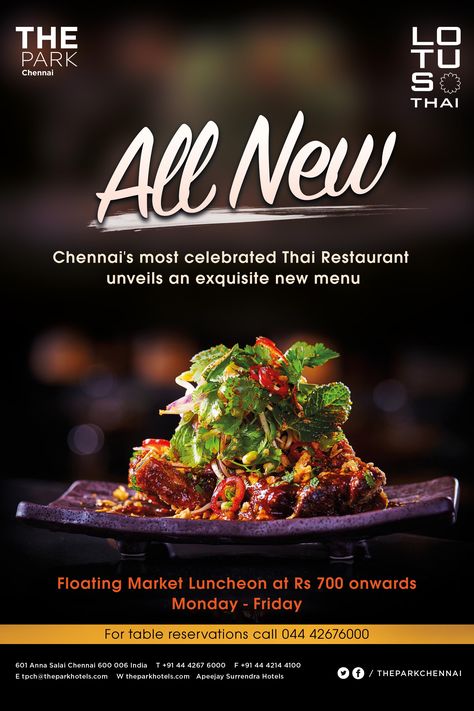 ‪#‎Launching‬ an all new ‪#‎menu‬ at ‪#‎Chennai‬'s most celebrated ‪#‎Thai‬ restaurant - Lotus today with a range of new dishes, desserts and cocktails. Come savour the ‪#‎authentic‬ ‪#‎flavours‬ of ‪#‎Thailand‬ at ‪#‎Lotus‬. Open for ‪#‎lunch‬ and ‪#‎dinner‬. For table ‪#‎reservations‬ call 044 42676000 New Menu Launch Poster, Thai Menu, Menu Poster, Open Restaurant, Menu Designs, Restaurant Specials, Proposal Design, Retro Bar, Food Poster Design