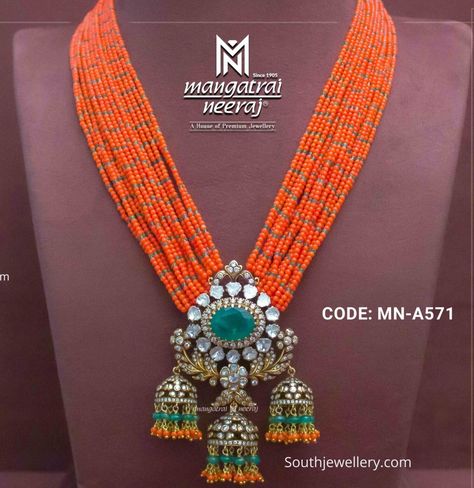 Mangatrai Neeraj Jewellery, Coral Beads Jewellery, Pagadala Mala, Beads Haram, Polki Pendant, Vintage Indian Jewelry, Coral Jewelry Set, Stone Bead Jewelry, Gold Jewelry Outfits