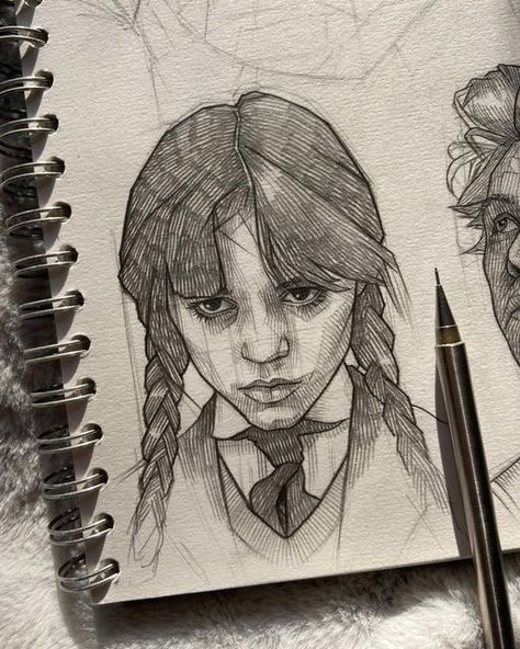 𝑱𝑨𝑪𝑲 on Instagram: "Wednesday Addams🖤 can you tell who that is on the right?! • See bio for 1 month FREE Skillshare:) #wednesday #portraitart #pencilportrait #facedrawing #technicaldrawing #crosshatching #mechanicalpencil #pencilsketch #wednesdayaddams #fanart #draweveryday #learntodraw #artistsupport #art_spotlight #jennaortega" Simple Draw, Drawing Faces, Dark Art Drawings, Sketchbook Inspiration, Amazing Art Painting, Wednesday Addams, Creative Drawing, Book Art Drawings, Drawing Tutorials