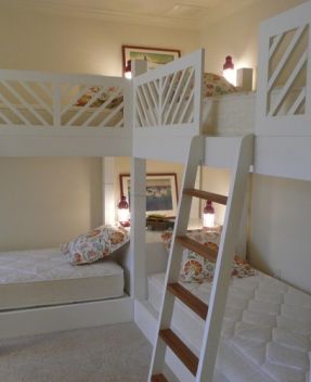 quadruple bunk beds- great for a large family, or a sleepover room at grandma and grandpa's. I love the corner "nightstand" with lighting! Grandkids Bedroom, Corner Bunk Beds, Sleepover Room, Girls Bunk Beds, Kids Shared Bedroom, Cabin Decorating, Built In Bunks, Bunk Beds With Stairs, Bunk Rooms