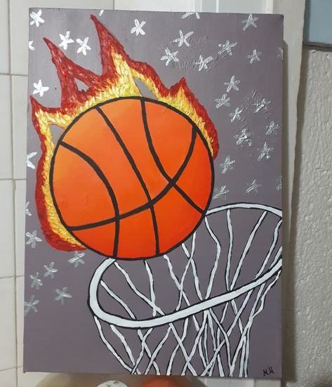 Basketball Painting Easy, Painting Ideas Basketball, Painted Basketball Ideas, Basketball Art Paintings, Basketball Painting Ideas On Canvas, Boy Painting Ideas, Basketball Painting Ideas, Basketball Canvas Painting, Basketball Painting