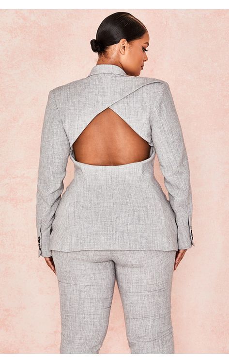 Clothing : Jackets : 'Roseau' Grey Open Back Tailored Jacket Chic Long Sleeve Winter Suits, Mode Kimono, Suiting Fabric, Bandage Dress Bodycon, Woman Suit Fashion, Suit Fabric, House Of Cb, Bodycon Dresses, Blazer Outfits