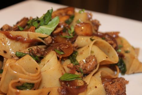 This recipe is a continuation on my obsession with pappardelle pasta. The sauce coats the ribbons of pasta perfectly. I can’t get over how good it is. My family has always loved eating Italian sausages with sauteéd peppers and onions on a bun. I would say we had it at least once a week growing...Read More Pappardelle Recipes, Italian Sausage Peppers, Sausage Peppers Onions, Pappardelle Recipe, Red Sauce Recipe, Yummy Noodles, Sausage Peppers And Onions, Sauteed Peppers And Onions, Sausage Peppers