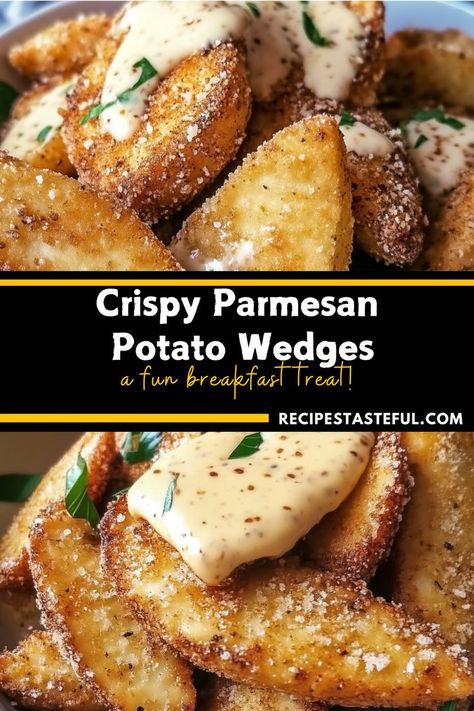 These Crispy Parmesan Potato Wedges are a delightful side dish or snack, combining the crunch of perfectly baked potatoes with the rich flavor of Parmesan cheese and aromatic spices. Served with a tangy dipping sauce, they make for an irresistible treat! Potato Wedge Seasonings, How To Cut Potato Wedges, Wedge Potatoes Recipes Oven Baked, Airfryer Potato Wedges, Parmesan Potatoes Wedges, Appetizers With Potatoes, Dip For Potato Wedges, Simple Potatoes Recipes, Fried Potato Wedges Recipe