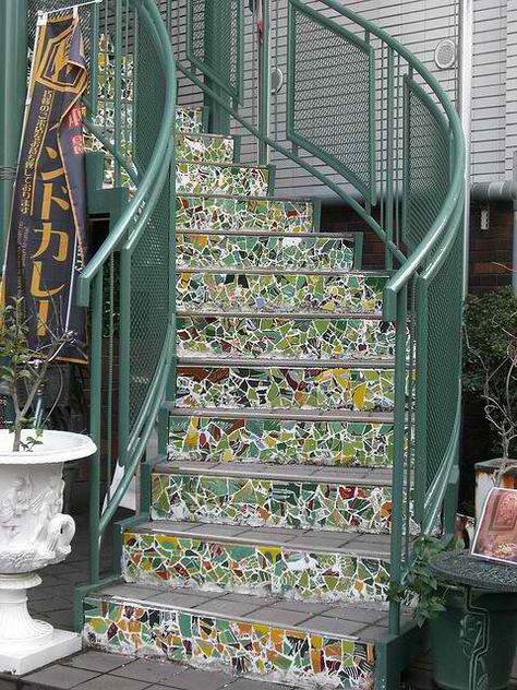 Love Your Shade Mosaic Stairs, Tile Stairs, Mosaic Madness, Stair Decor, Stair Risers, Stair Steps, Mosaic Garden, Mosaic Projects, Stairway To Heaven