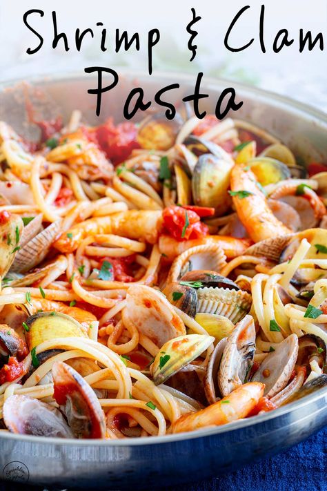 This Shrimp and Clam Pasta is easy to make and will have you feeling like a gourmet chef. The recipe pairs succulent shrimp and fresh clams with al dente pasta in a rich, tomato-based sauce. The result is a dish that is bursting with flavor. It's a classic Italian dish that is easy to make and flavorful. Serve it with plenty of bread to soak up the sauce, and you have a quality restaurant meal at home. Shrimp And Clam Pasta, Clams And Shrimp Pasta, Clam Recipes Pasta, Clam Recipes Fresh, Clams And Linguine, Clam Pasta Recipe, Canned Clams, Clams Recipe, Fresh Clams