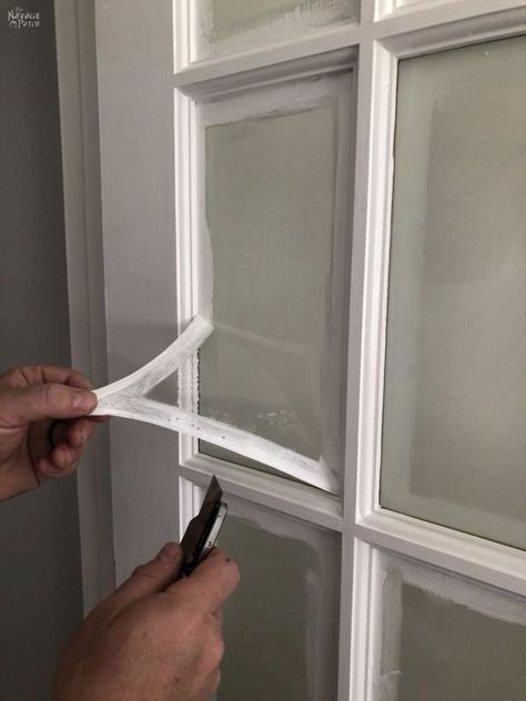 How to Paint French Doors the Easy Way | The best trick for painting French doors and windows | The best time saving trick for painting glass panel doors | The best time saving tip for painting French doors without scraping, taping, or splotchy peeling paint | No taping no scraping glass door and window painting | #TheNavagePatch #easydiy #paintingtips #HowTo #diytips #frenchdoors #DIY #upcycled #paintedfurniture | TheNavagePatch.com Diy Storage Tower, Paint French Doors, Painted Window Panes, Painted French Doors, Diy Floating Desk, Painting Rooms, Craft Room Makeover, Painting Doors, Painting On Glass Windows