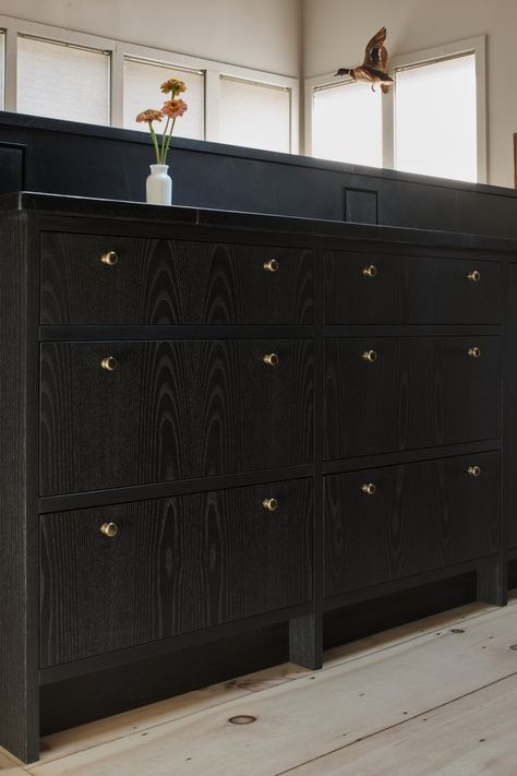 Blackened Ash Kitchen Black Ash Cabinets, Black Stained Oak Kitchen Cabinets, Black Oak Cabinets, Cerused Oak Kitchen, Ash Kitchen, Built In Vanity, Kitchen Built In, Kitchen Updates, Furniture Studio