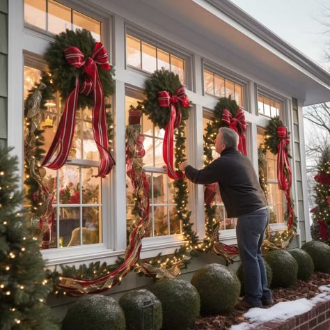 24 Dazzling Christmas Exterior Window Decorations for a Joyful Seasonal Display • 333+ Images • [ArtFacade] Outdoor Christmas Decor Theme, Christmas Wreath For Outdoor Windows, Christmas Window Outdoor, Elegant Exterior Christmas Decorations, Christmas Wreaths On Exterior Windows, Exterior Window Christmas Decor, Wreath In Window Christmas, Outdoor Christmas Decorations Windows, Window Swags Christmas