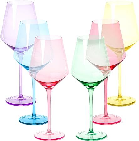 Colored Wine Glasses Set of 6 Crystal - 18 oz - Unique Colorful Wine Glasses with Stem, Multi Colored Glassware, Durable, Hand-Blown Glassware, Perfect for Red White Wine - Gift for Wife & Mom Colorful Wine Glasses, Colored Wine Glasses, Wine Flavors, Wine Glass Designs, Cart Decor, Crystal Wine Glasses, Red Wine Glasses, Colored Glassware, Wine Glass Set